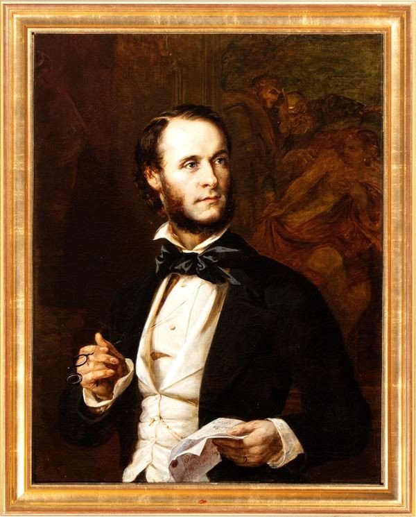Ritratto di uomo con lettera , Dipinto di P. Levin Francia XIX Secolo -photo-2