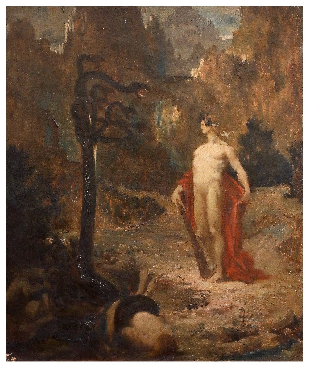 Ercole e l idra , dipinto olio su tela enourage di G Moreau Francia XIX Secolo