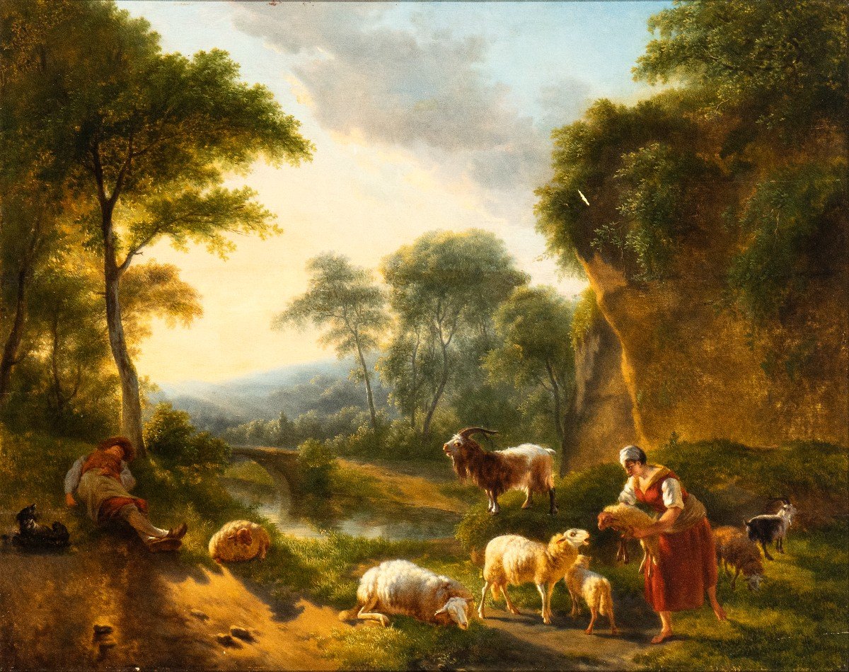 Paesaggio arcadico italiano con pastori e gregge, dipinto , Francia XVIII Secolo -photo-2