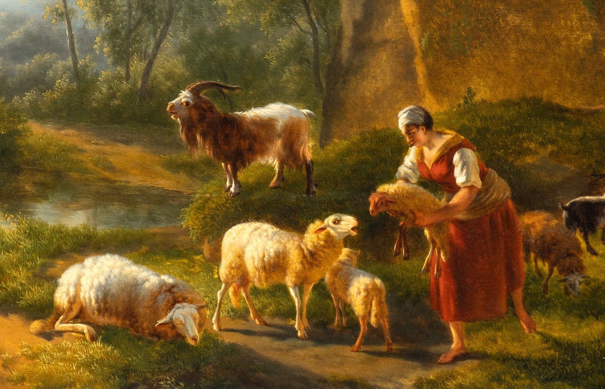 Paesaggio arcadico italiano con pastori e gregge, dipinto , Francia XVIII Secolo -photo-3
