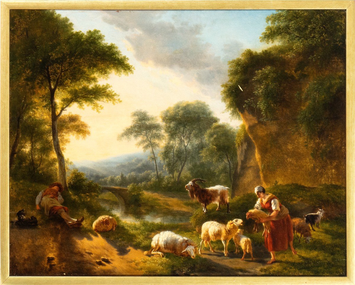 Paesaggio arcadico italiano con pastori e gregge, dipinto , Francia XVIII Secolo 