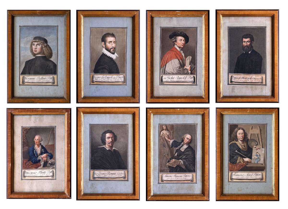 Serie di otto incisioni di ritratti di pittori XVIII secolo
