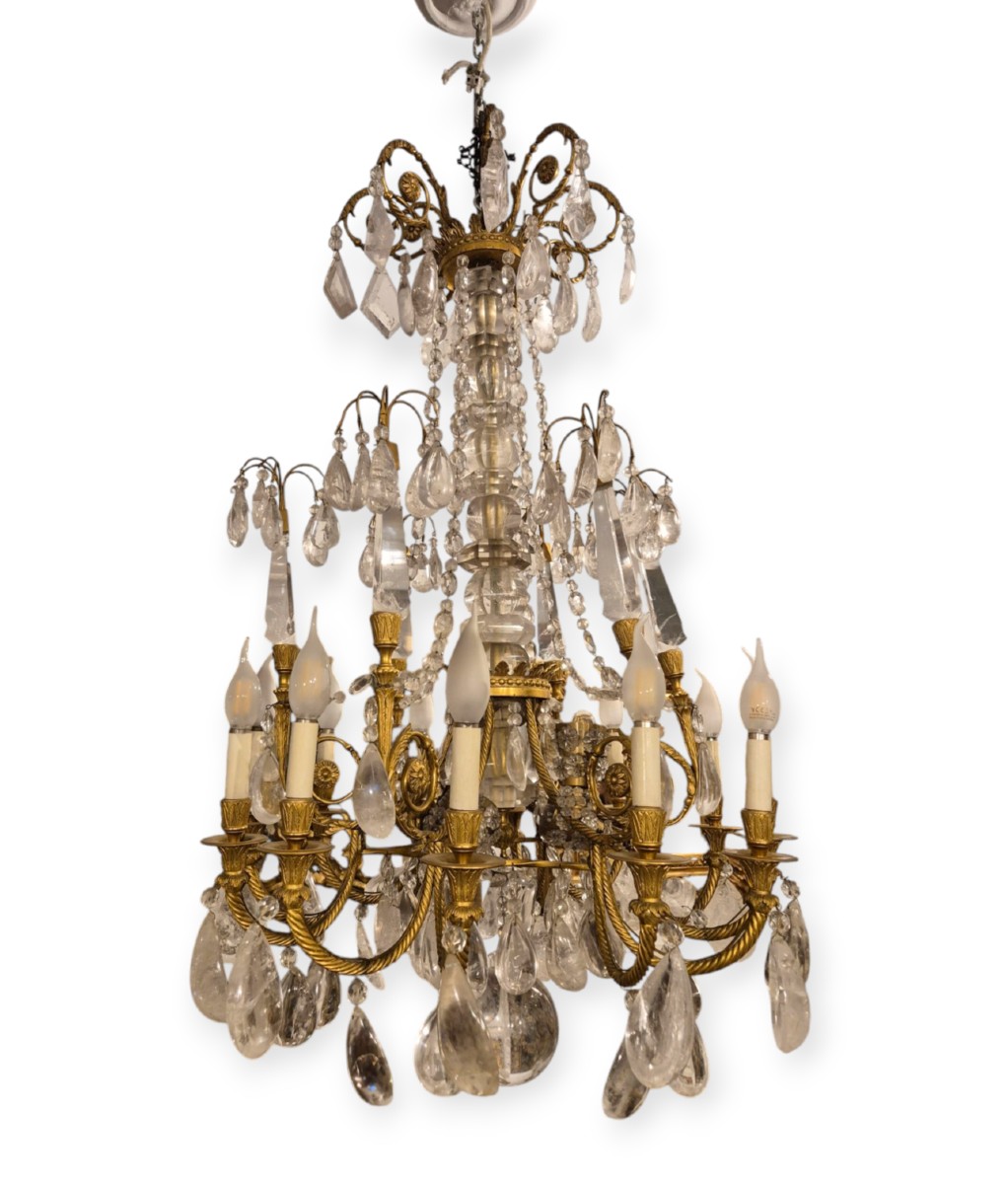 Lampadario, bronzo e cristallo di rocca, Italia fine XIX-inizi XX Secolo