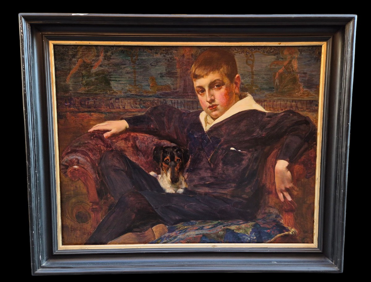 Ritratto di ragazzo con cane, Dipinto f.to Skelton, Gran Bretagna fine  XIX Secolo -photo-2