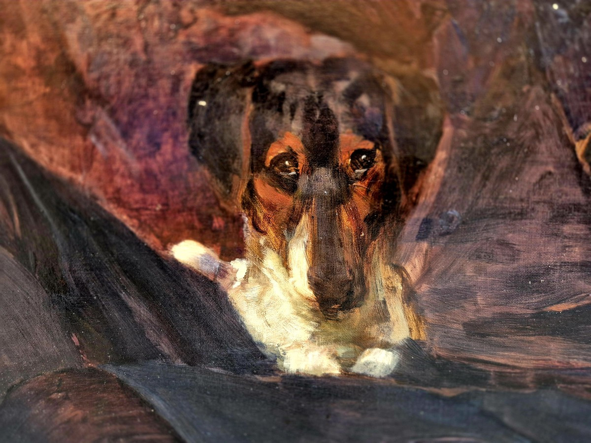 Ritratto di ragazzo con cane, Dipinto f.to Skelton, Gran Bretagna fine  XIX Secolo -photo-4