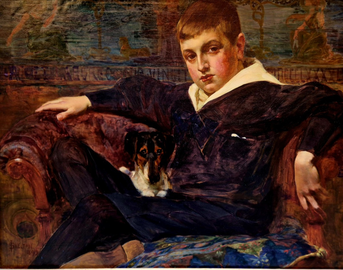 Ritratto di ragazzo con cane, Dipinto f.to Skelton, Gran Bretagna fine  XIX Secolo 