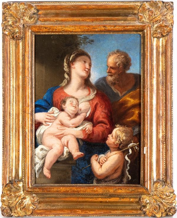 Sacra famiglia con san Giovannino , Dipinto , Roma o Genova XVII Secolo 