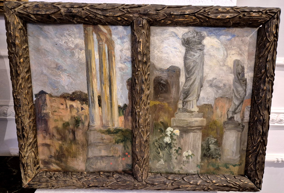 Olio su tavoletta Scuola Italiana Ferruccio Scattola Veduta del Foro Romano XX secolo