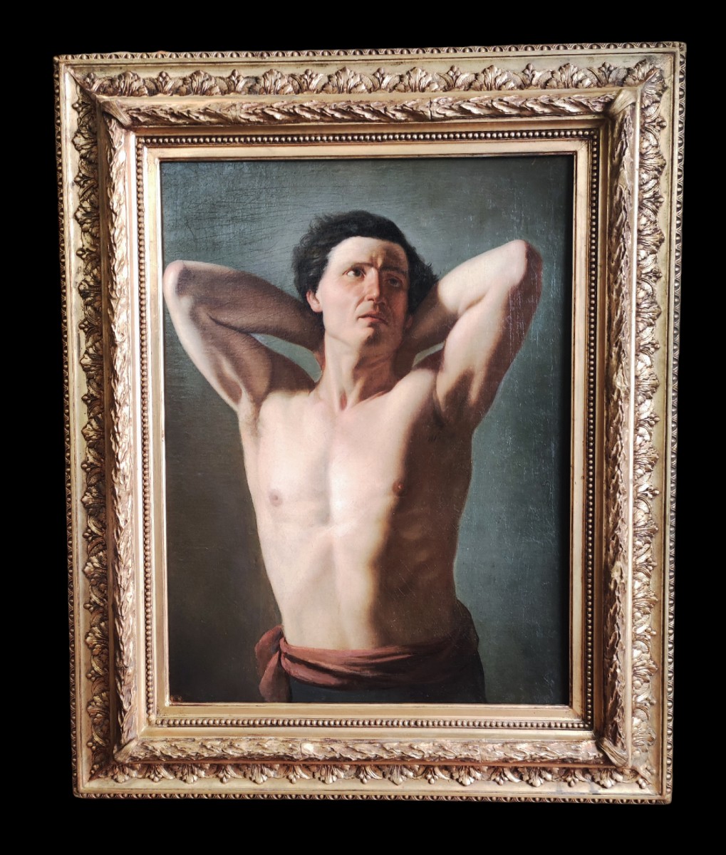 Nudo accademico con le braccia alzate, dipinto , Italia XIX secolo-photo-2