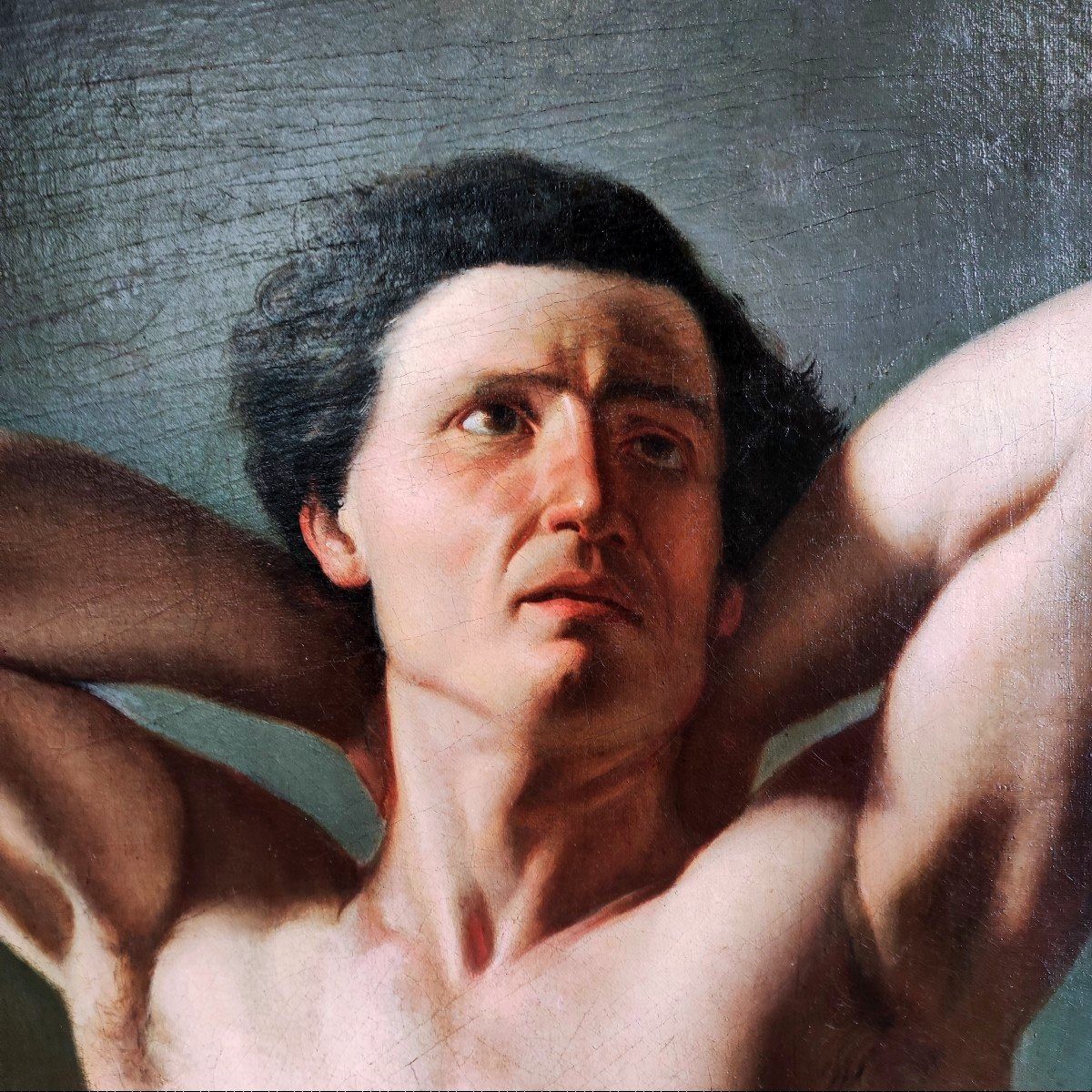 Nudo accademico con le braccia alzate, dipinto , Italia XIX secolo-photo-3