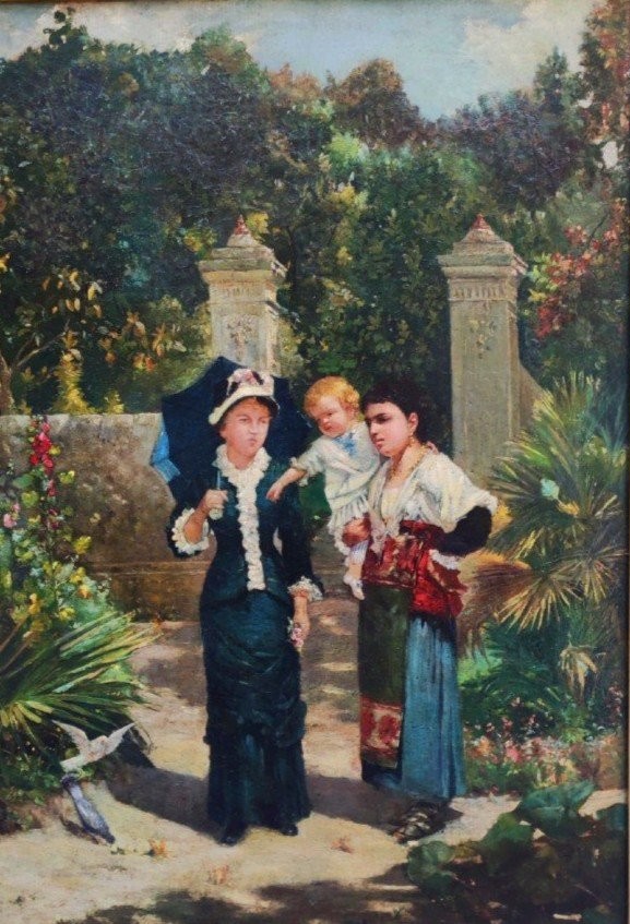 Passeggiata di Primavera , dipinto , f.to Scardamaglia , Napoli Italia fine XIX Secolo Liberty