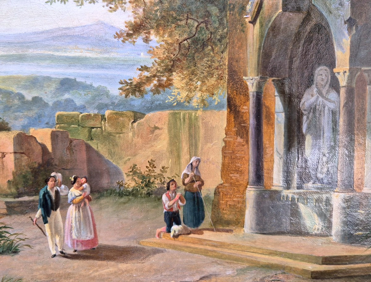 cappella della campagna romana con veduta di Ariccia Dipinto , Italia XIX Secolo Grandtour-photo-4