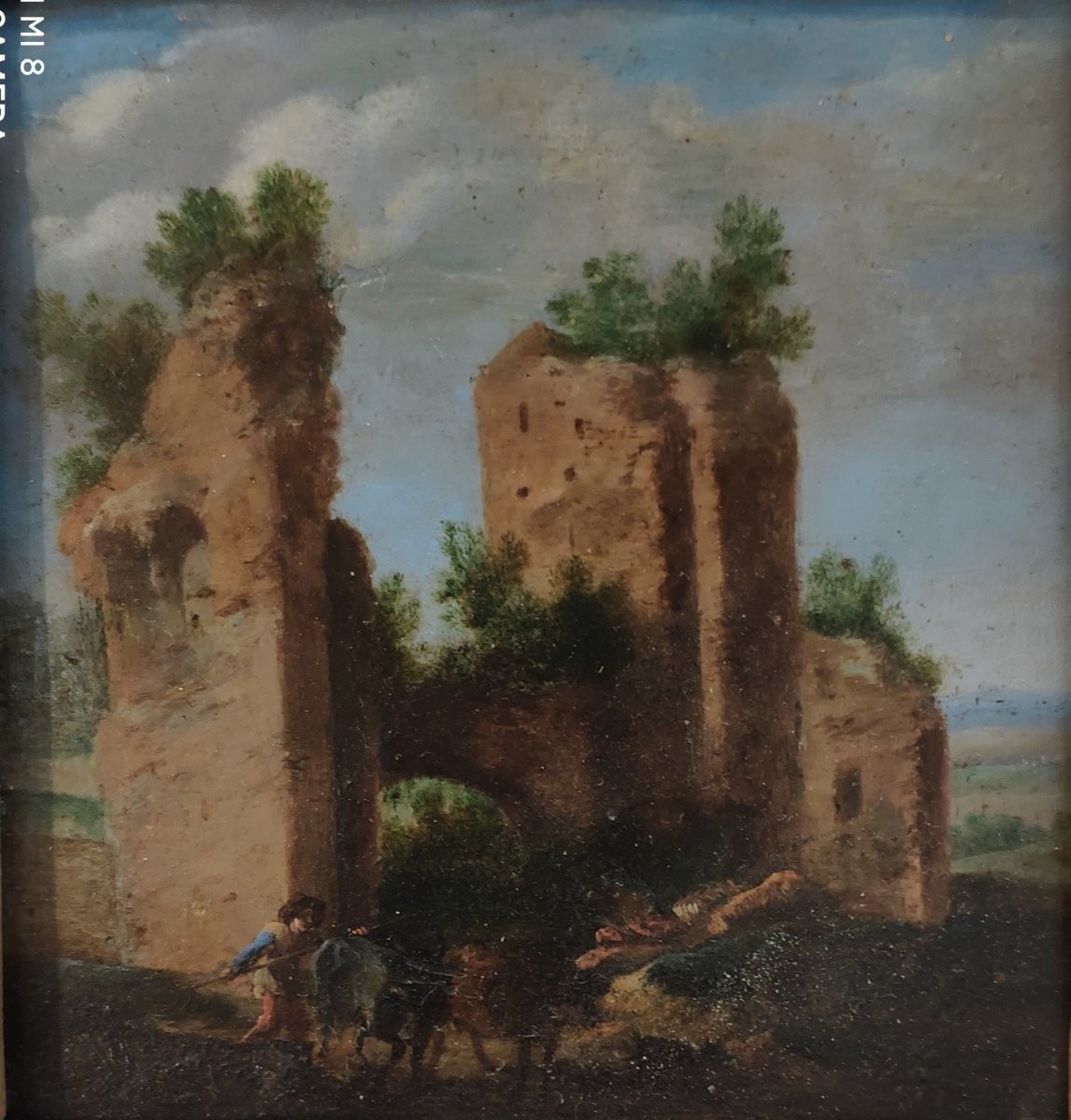 Paesaggio con figure e trofei di Mario, dipinto int. H.F Van Lint  Roma XVII Secolo Grandtour