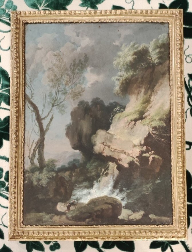 Paesaggio con figura , Dipinto di A. De Marchis (?) Italia XVIII Scolo-photo-2