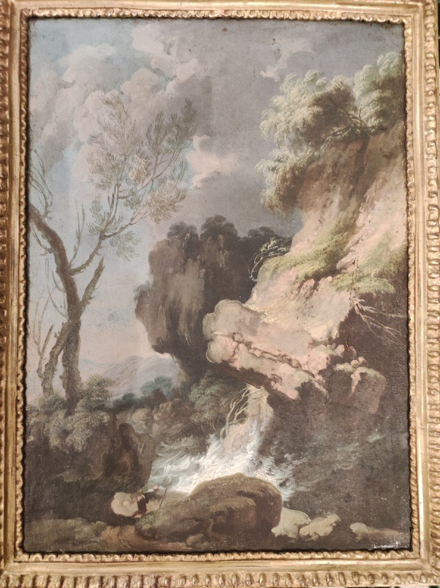 Paesaggio con figura , Dipinto di A. De Marchis (?) Italia XVIII Scolo-photo-1