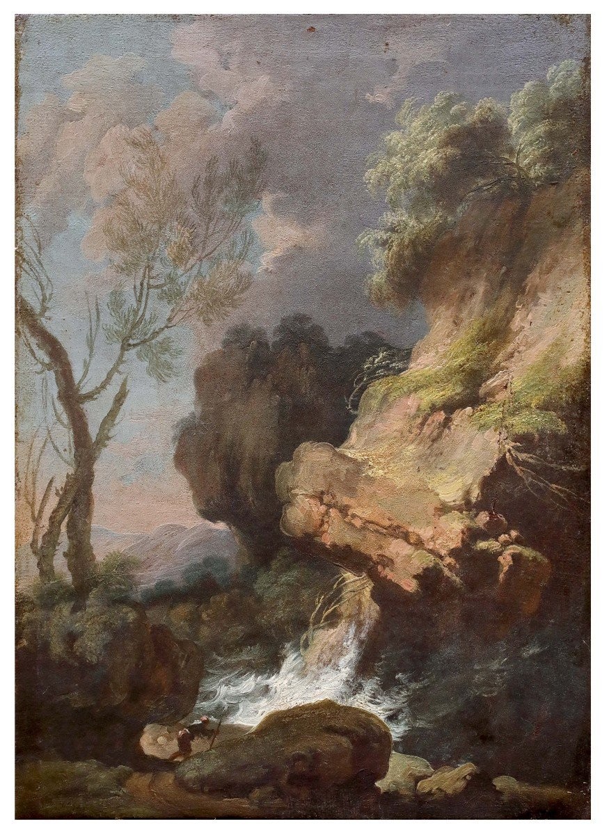 Paesaggio con figura , Dipinto di A. De Marchis (?) Italia XVIII Scolo