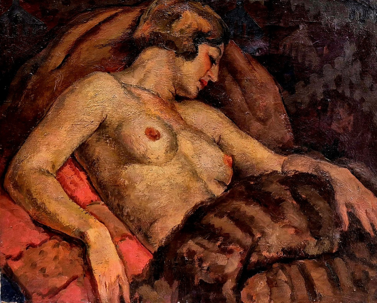 donna nuda con seno scoperto, dipinto inizi XX Secolo 