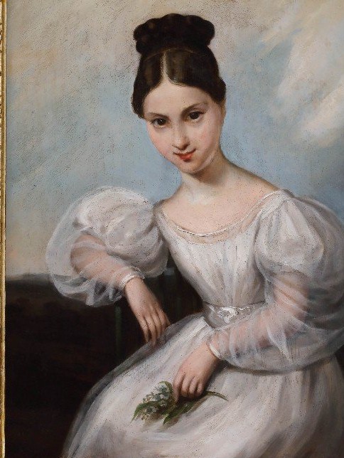 Ritratto di ragazza in bianco , Dipinto olio su tavola , Francia XIX Secolo-photo-2