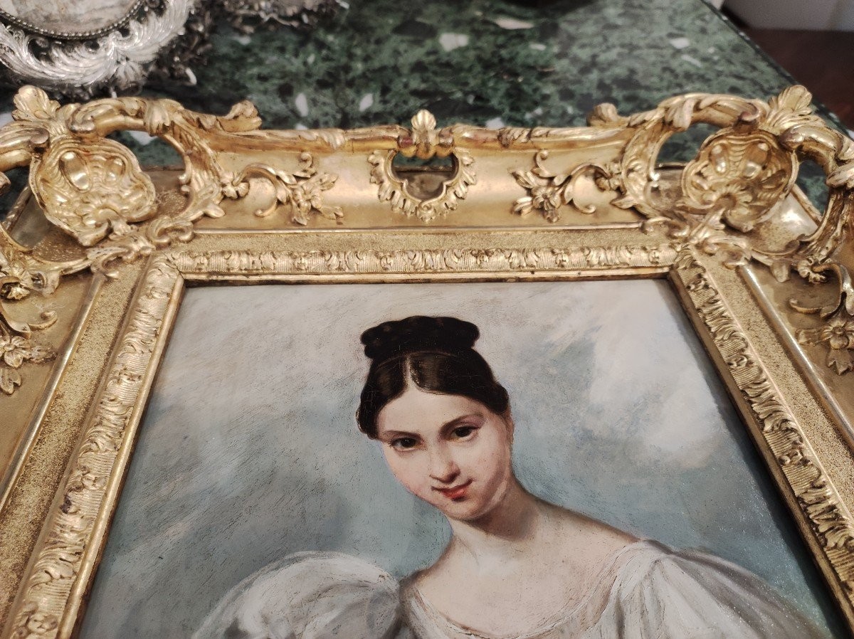 Ritratto di ragazza in bianco , Dipinto olio su tavola , Francia XIX Secolo-photo-3