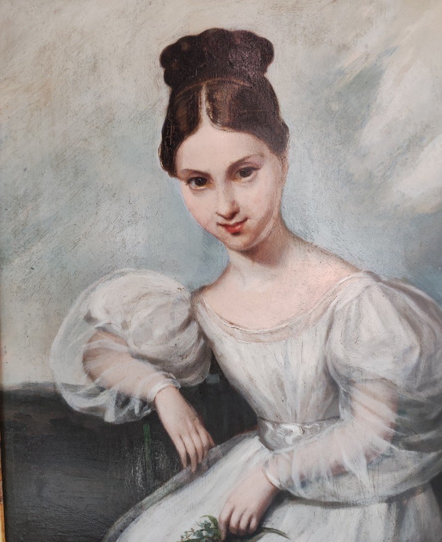 Ritratto di ragazza in bianco , Dipinto olio su tavola , Francia XIX Secolo-photo-1