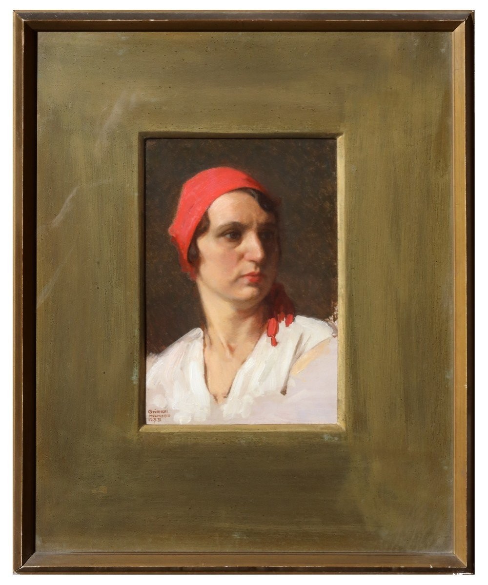 Ritratto di ragazza con foulard rosso, dipinto di Guido Grimani , f.to Italia 1930. Trieste -photo-2