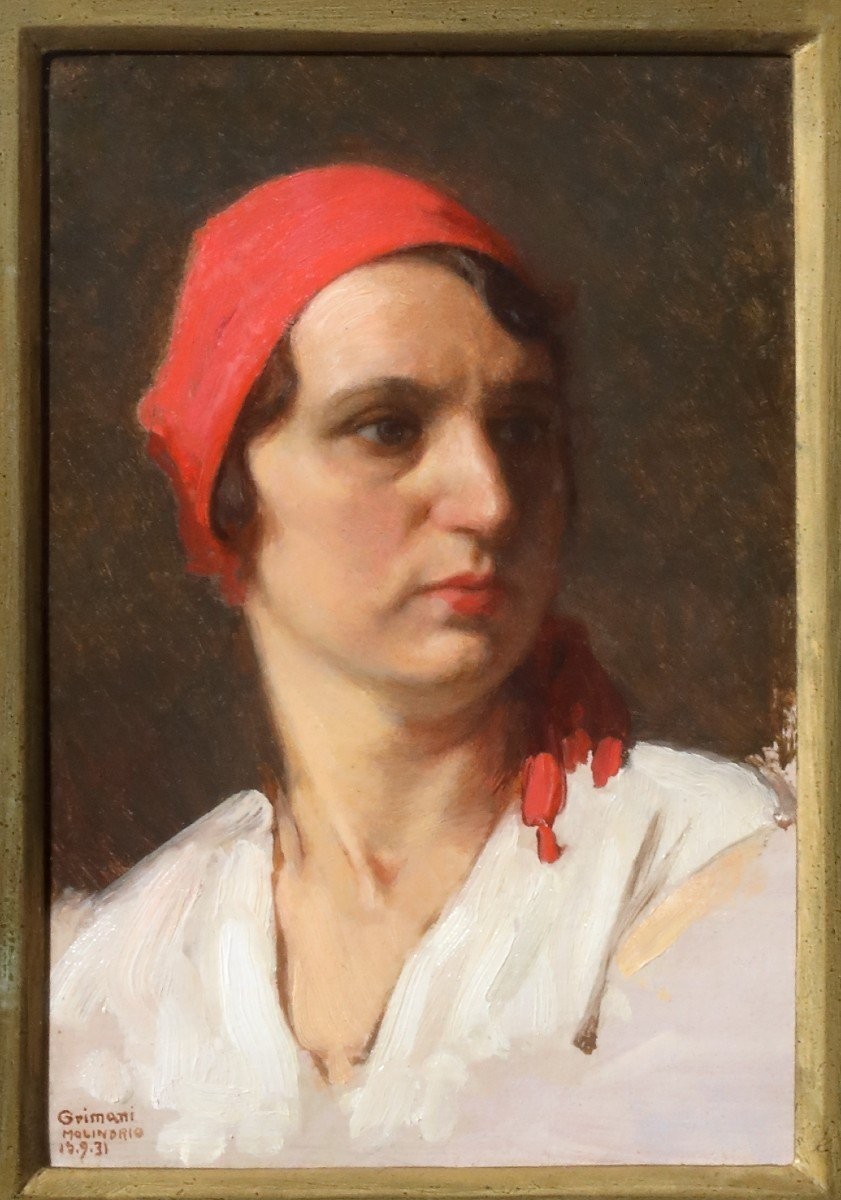 Ritratto di ragazza con foulard rosso, dipinto di Guido Grimani , f.to Italia 1930. Trieste 