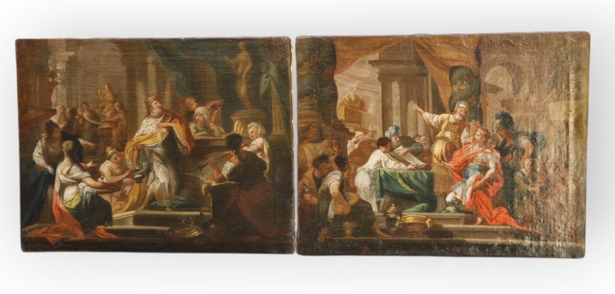 Coppia di scene di storia antica, dipinti Roma XVIII Secolo-photo-3
