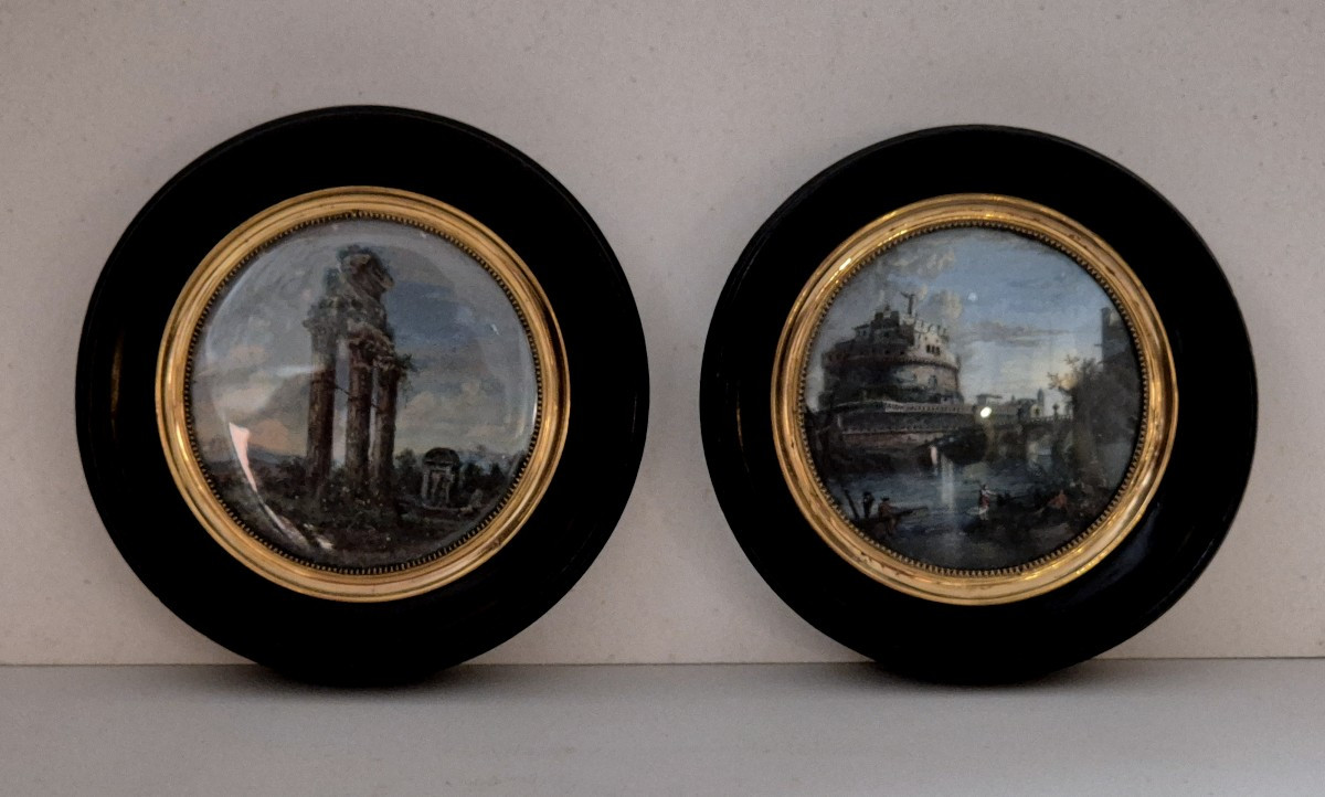 Coppia di gouaches monumenti antichi di Roma XIX secolo Grand Tour