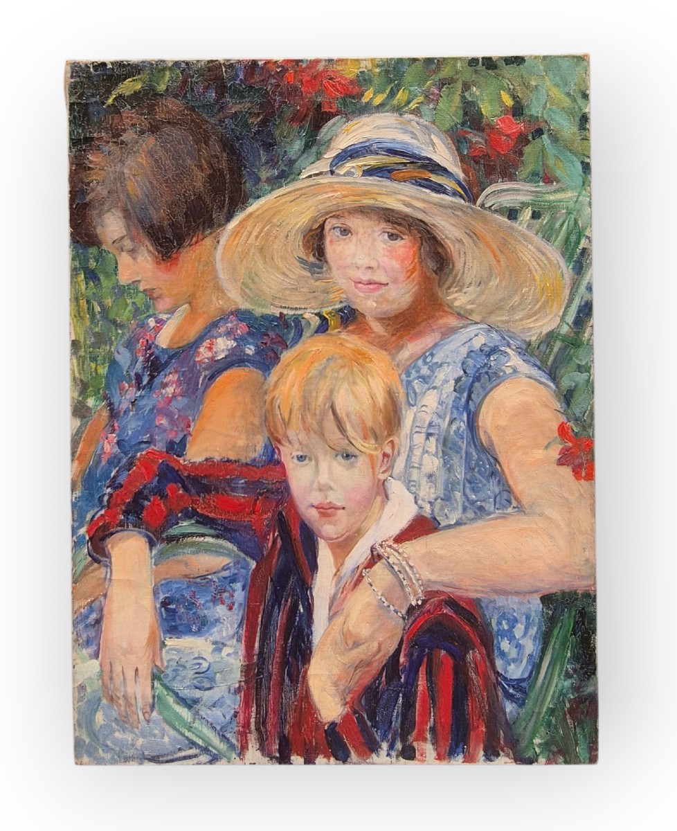 Ritratto di mamma  con figli, dipinto , inizi XX Secolo-photo-2