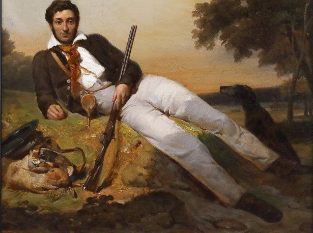 Ritratto di Cacciatore , Dipinto di A.B. F.Desmoulins, Francia  XIX Secolo 