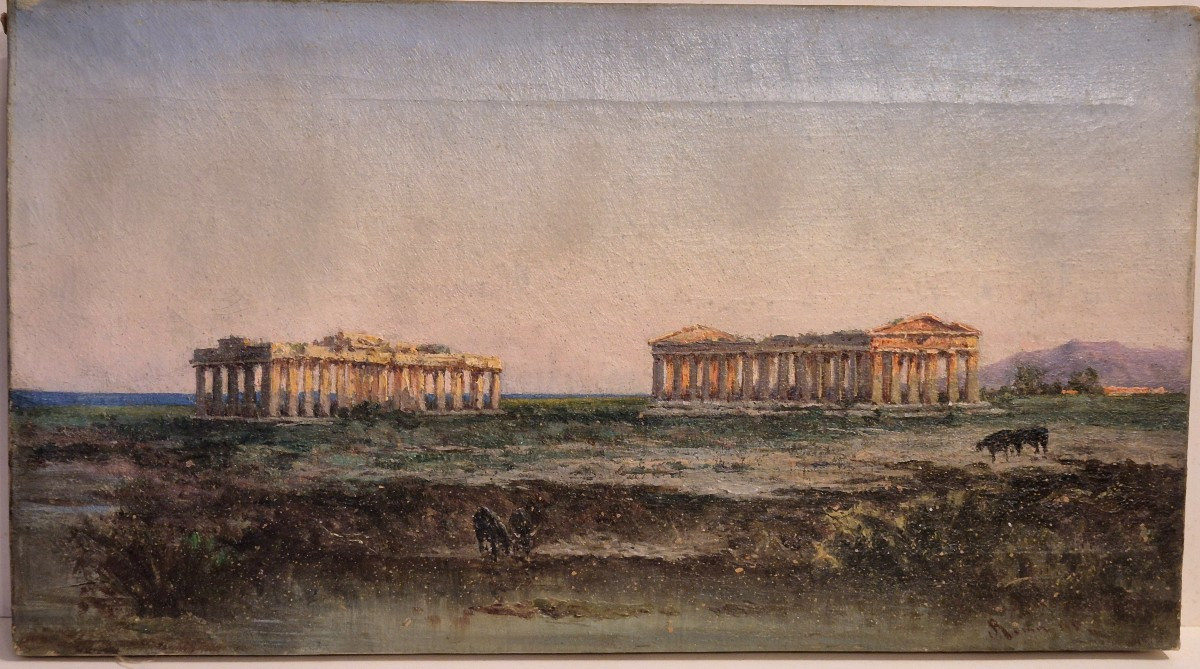 Olio su tela Templi di Paestum Grand Tour XIX secolo