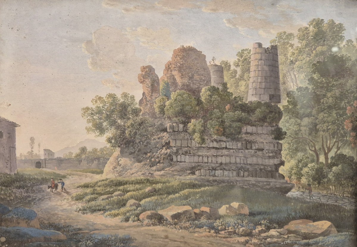 Tomba degli Orazi e Curiazi, Gouache , Roma Italia XIX Secolo Grand Tour-photo-2