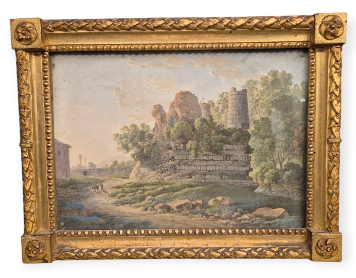 Tomba degli Orazi e Curiazi, Gouache , Roma Italia XIX Secolo Grand Tour