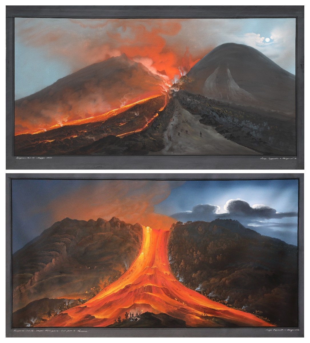 Coppia di Gouache con eruzioni notturne  , Napoli XIX Secolo Grand tour