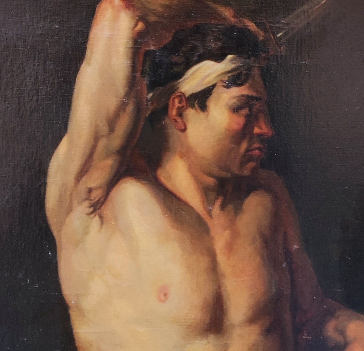 Nudo accademico con pugnale, Dipinto olio su tela , Francia inizi XIX Secolo-photo-3