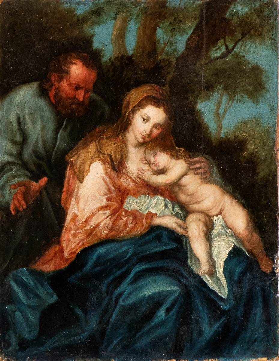 Riposo durante la fuga in Egitto, Dipinto , seguace di A Van Dick, Fiandre XVII Secolo 