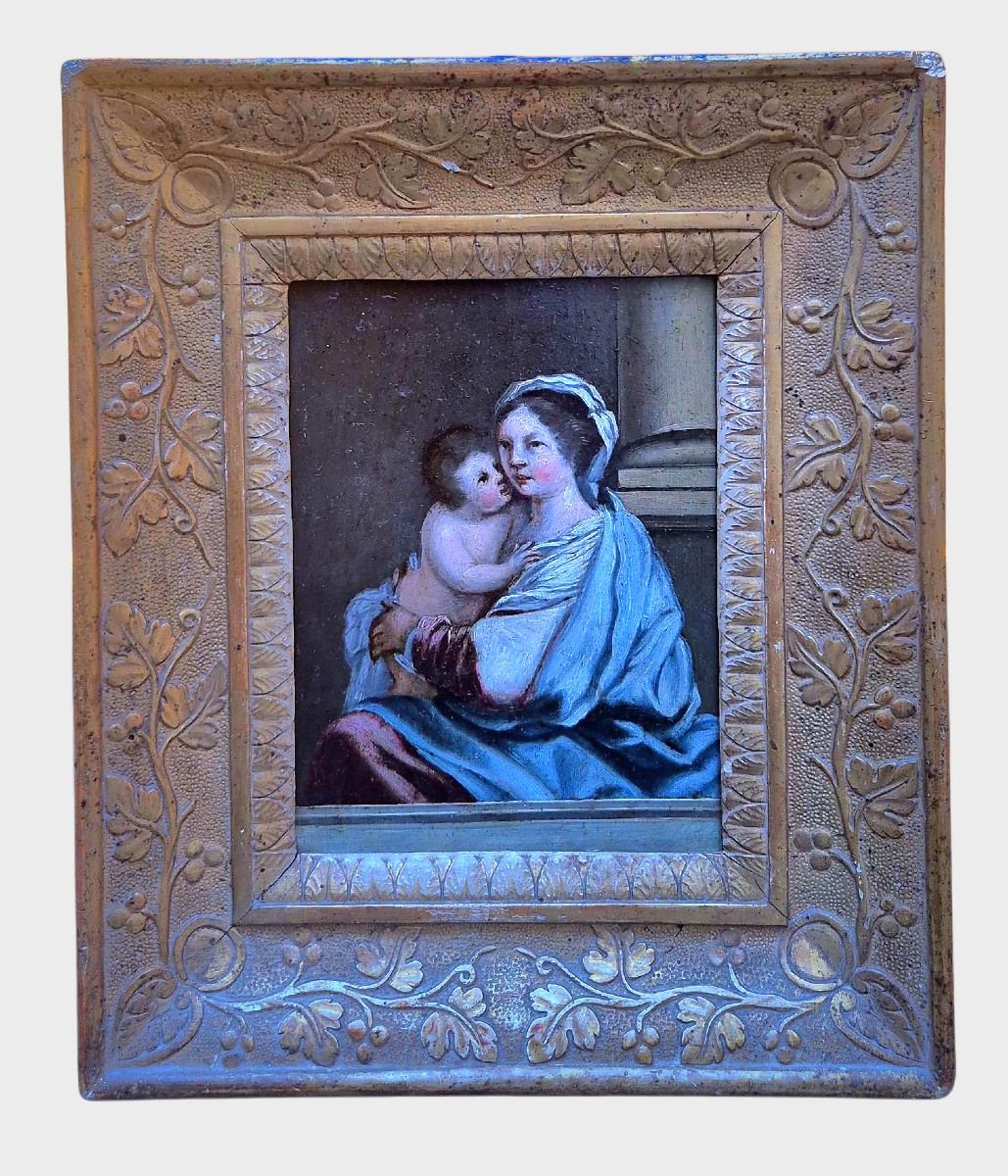 Madonna col bambino . Dipinto olio su rame Venezia XVII Secolo. Rinascimento-photo-2
