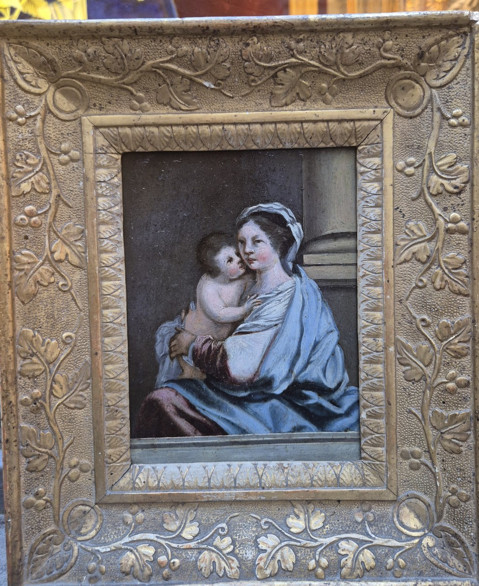 Madonna col bambino . Dipinto olio su rame Venezia XVII Secolo. Rinascimento-photo-3