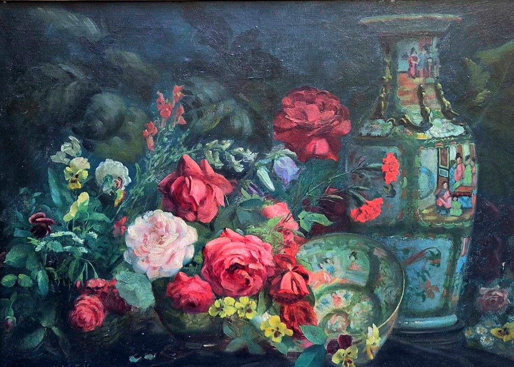 Natura morta con porcellane Imari, dipinto Francia XX Secolo-photo-2