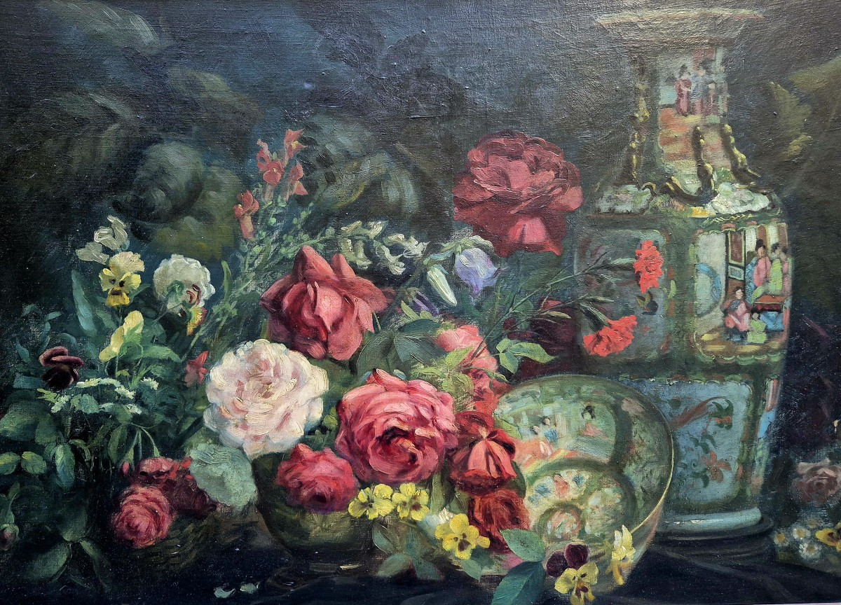 Natura morta con porcellane Imari, dipinto Francia XX Secolo-photo-3