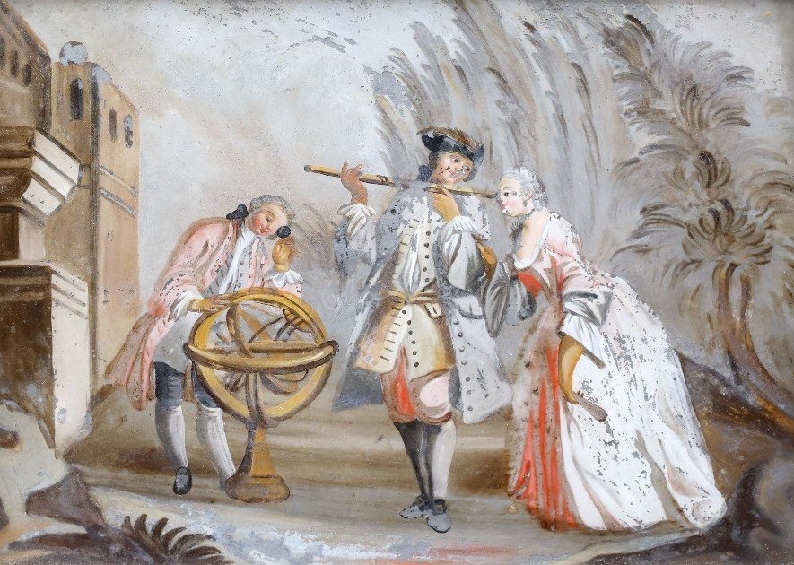 Il corso di Astronomia, Dipinto sottovetro, Venezia XVIII Secolo-photo-2
