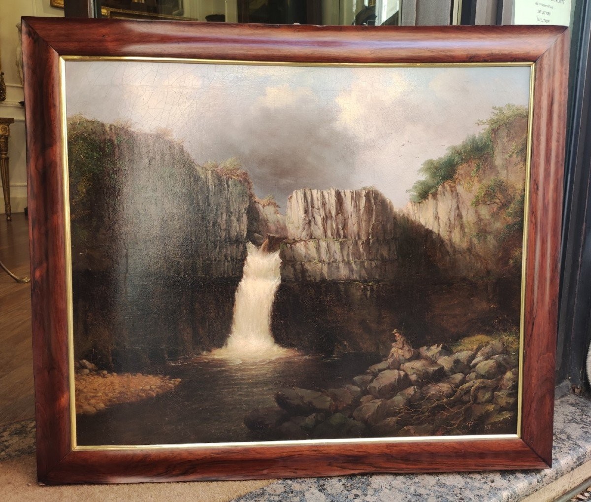 Paesaggio Con Cascata High Force, Dipinto Olio su tela , UK XIX Secolo-photo-2
