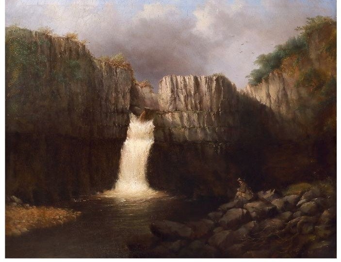 Paesaggio Con Cascata High Force, Dipinto Olio su tela , UK XIX Secolo