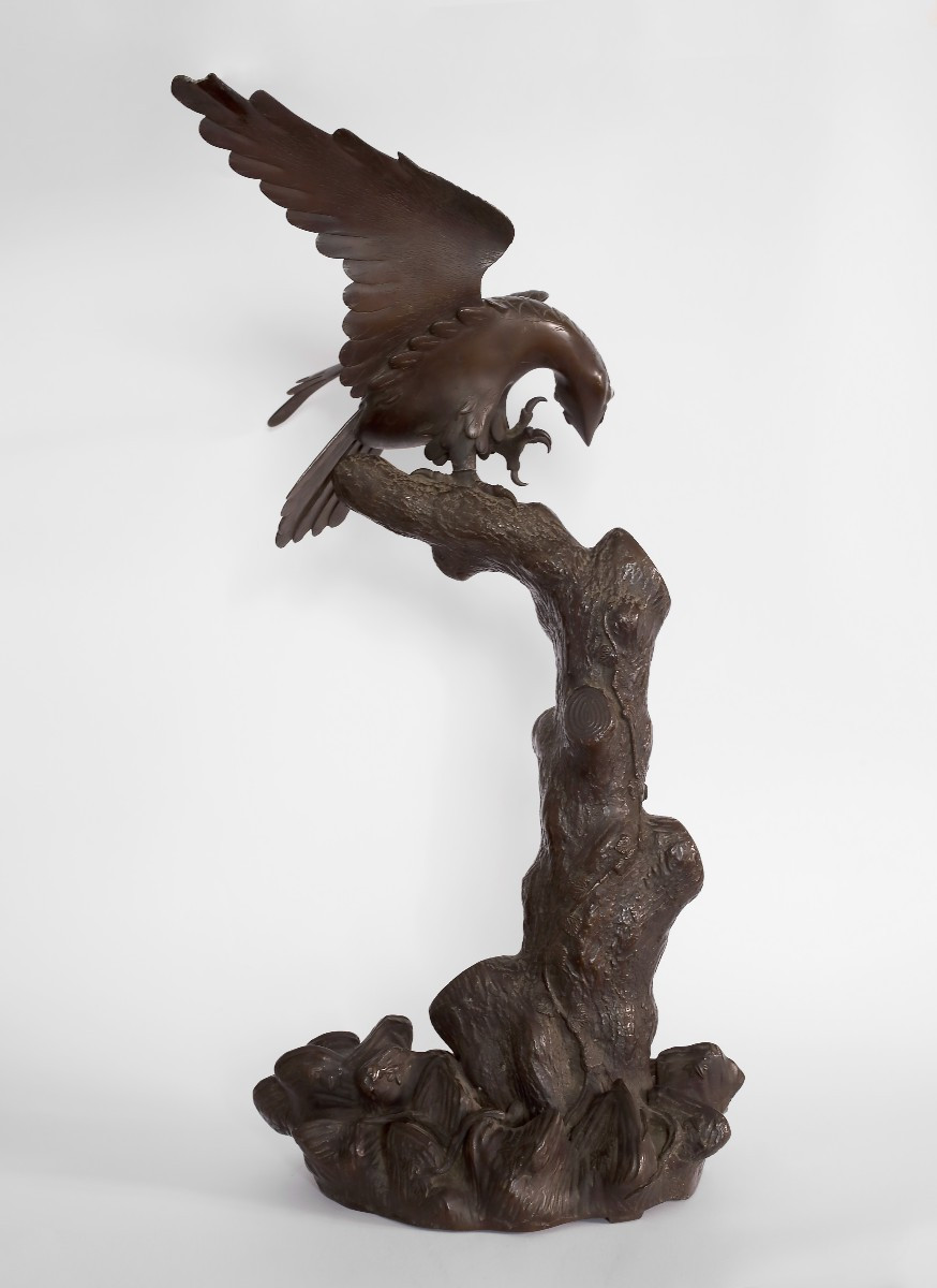 Aquila sul tronco, Scultura in bronzo, Giappone Meji XIX Secolo-photo-3