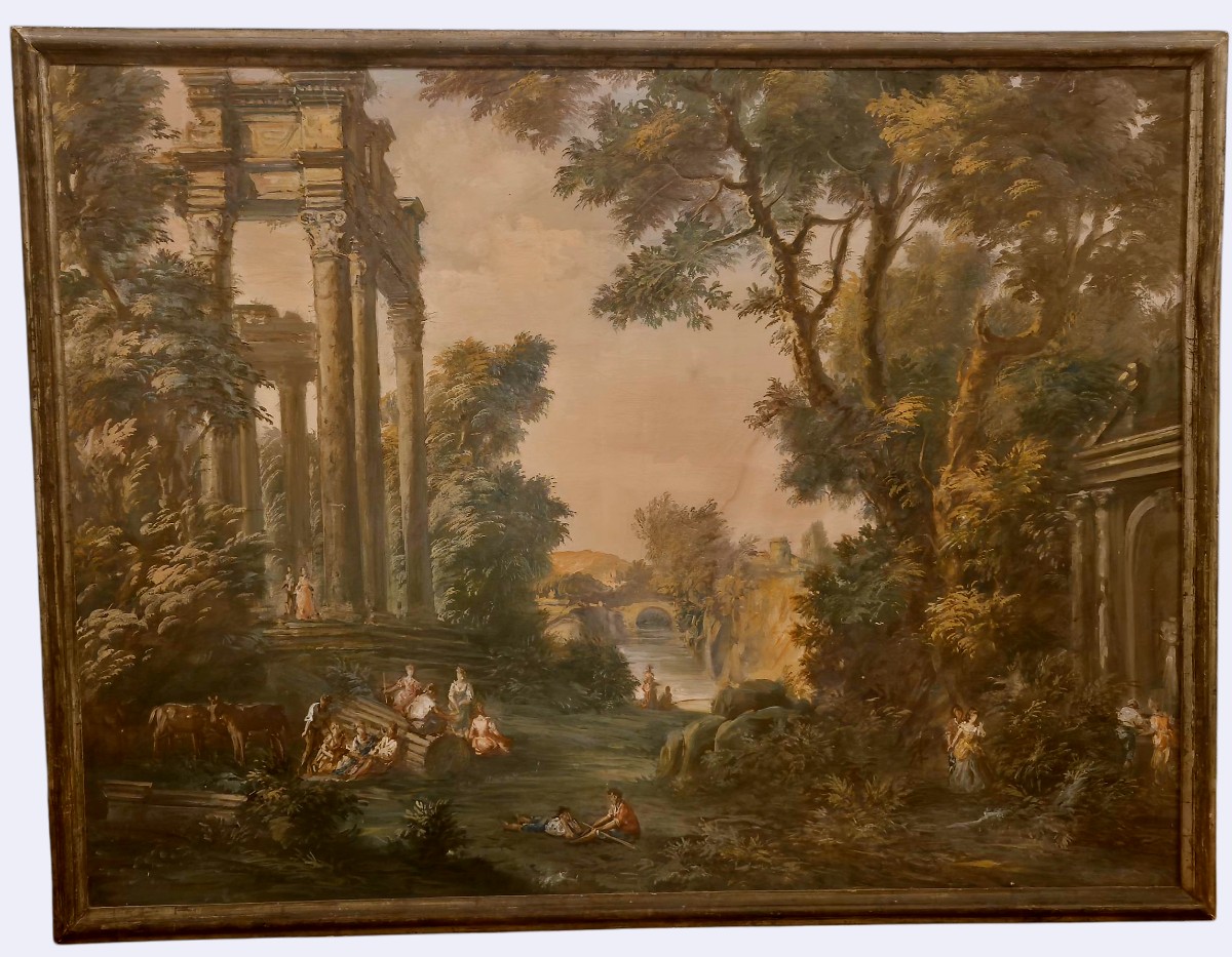 Paesaggio con rovine e figure, Dipinto Italia XIX Secolo grandtour