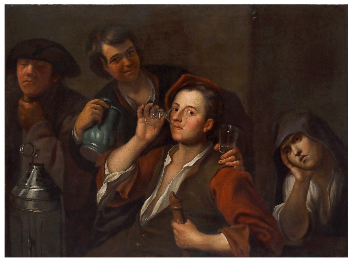 Scena di taverna, I bevitori, olio su tela, scuola caravaggesca, Roma o Napoli, Italia, XVII se