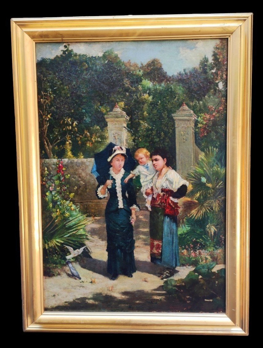 Passeggiata di Primavera , dipinto , f.to Scardamaglia , Napoli Italia fine XIX Secolo Liberty
