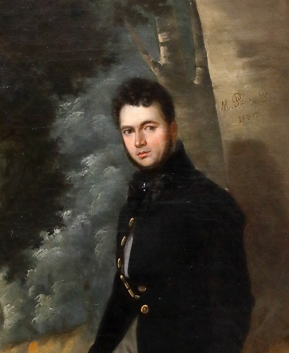 Ritratto di gentiluomo in un parco, Dipinto Italia o Francia XIX Secolo-photo-3