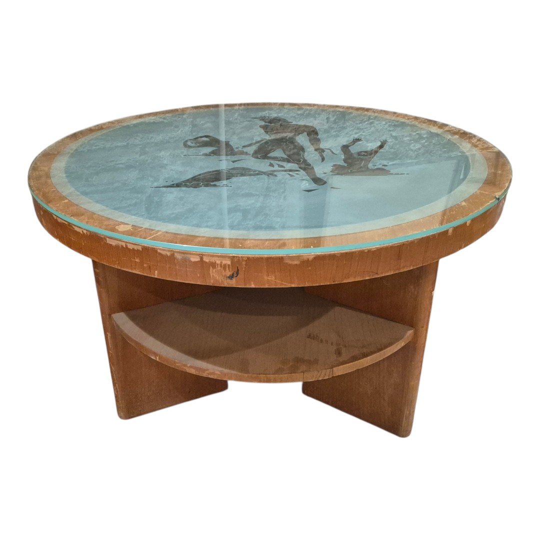 tavolo basso con Ulisse e le Sirene, legno e cristallo, Francia 1930