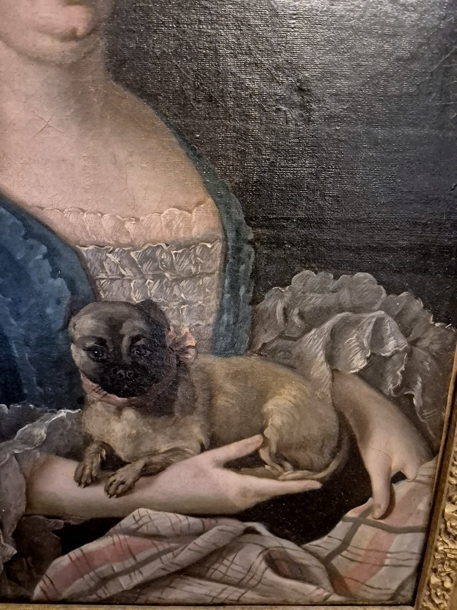 Scuola francese Ritratto di Dama con cane carlino XVIII secolo-photo-2
